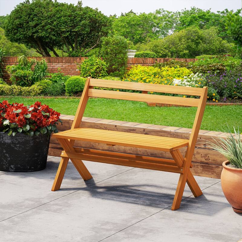 Gymax Foldable Outdoor Bench 2-Person Acacia Wood Patio Garden Bench