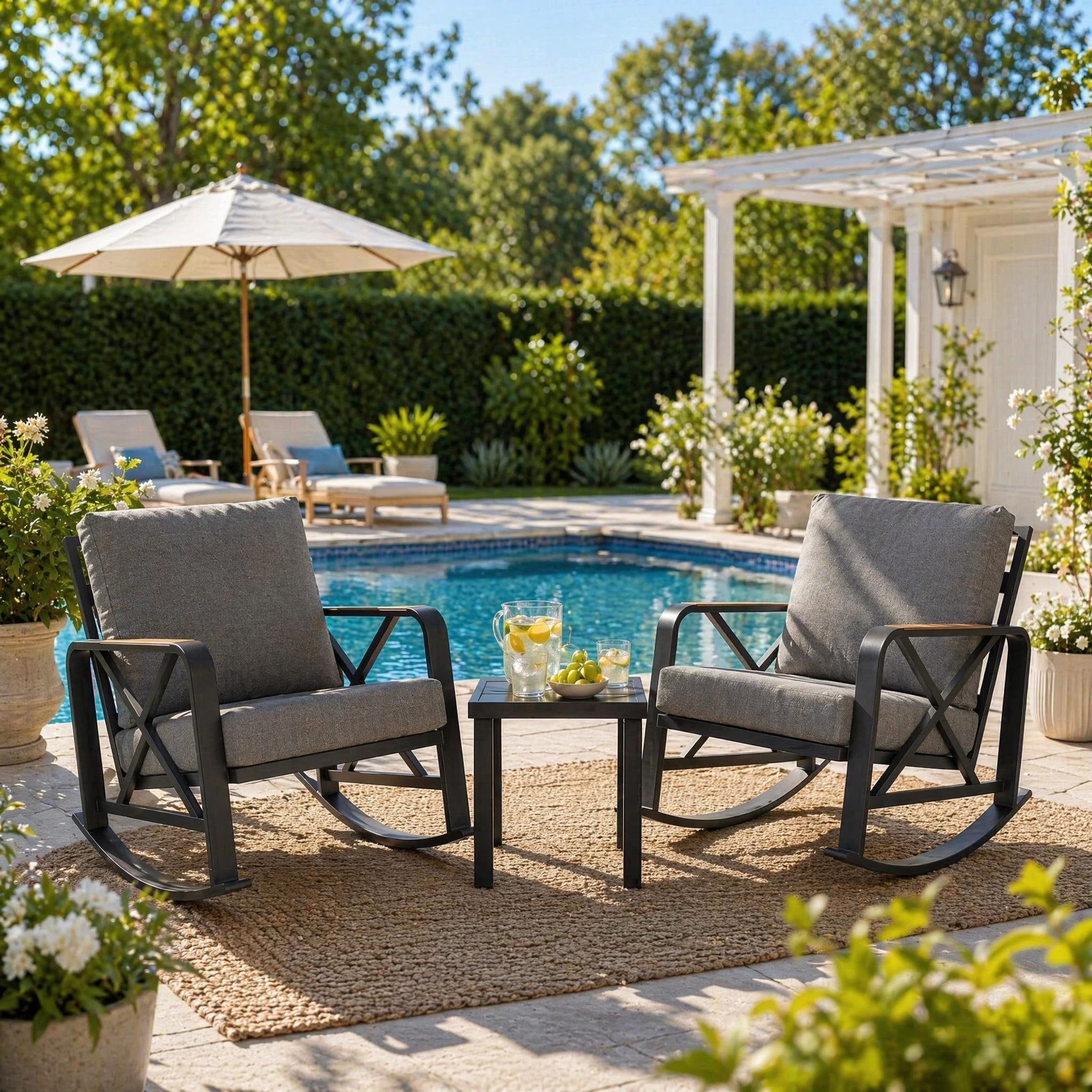 3-Piece Outdoor Rocking Chair Set with Side Table Rust-Resistant Steel Frame ，5" Waterproof Olefin Cushions