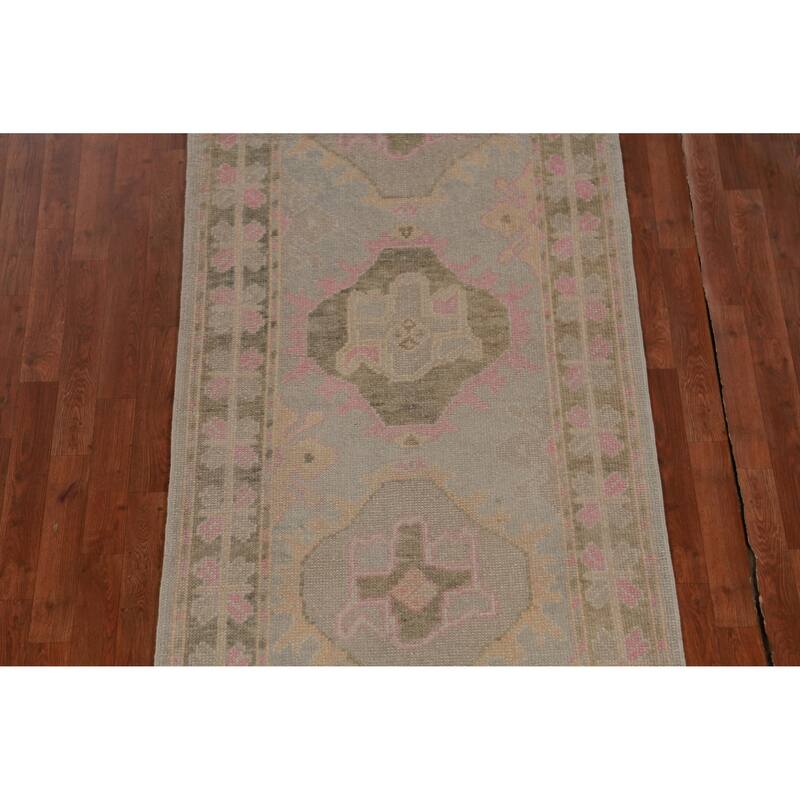 Hand Knotted Oriental 100% Wool Carpet Transitional Geometric Greys & Charcoal Oushak Runner Rug - 12' 11'' X 3' 5''