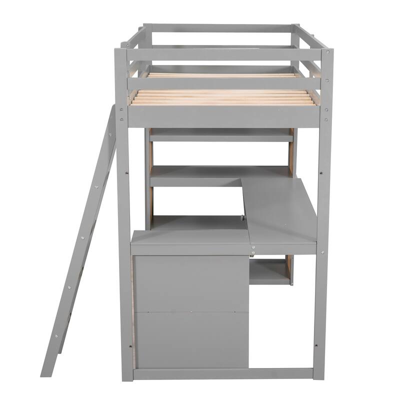 Twin Size Loft Bed with Ladder, Shelves, and Desk