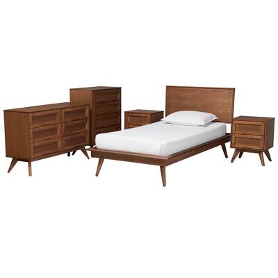 Melora Mid-Century Modern Walnut Brown Finished Wood and Rattan 3-Piece/4-Piece/5-Piece Bedroom Set (Multiple Bed Sizes)