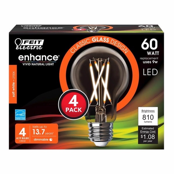 Feit Enhance A19 E26 Medium Filament LED Bulb Soft White 60 Watt Equivalence 4 pk Warm White Bed Bath Beyond 42406788