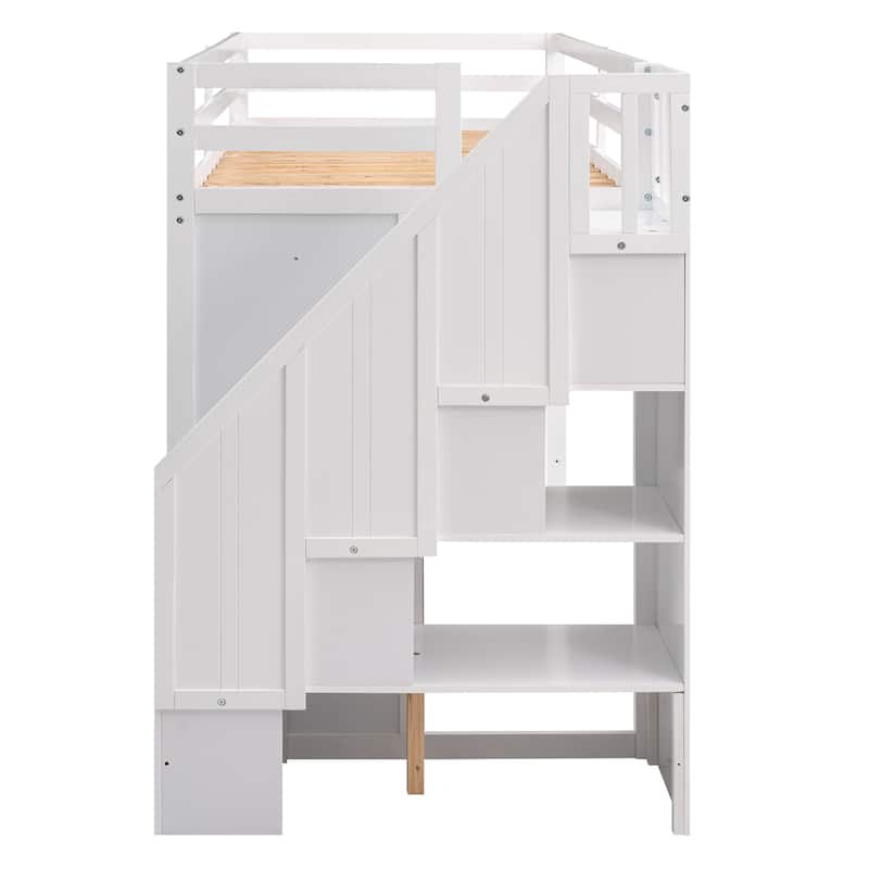 Twin Size Space-Saving Loft Bed with 3 Shelves & 2 Drawers, Solid Wood Functional Loft Bed Frame w/2 Wardrobes & Storage Stairs
