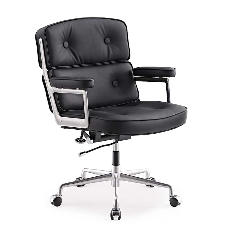Lobby Lumbar Support Height Adjustable Leather Ergonomic Office Chair - Black&Sliver Chrome