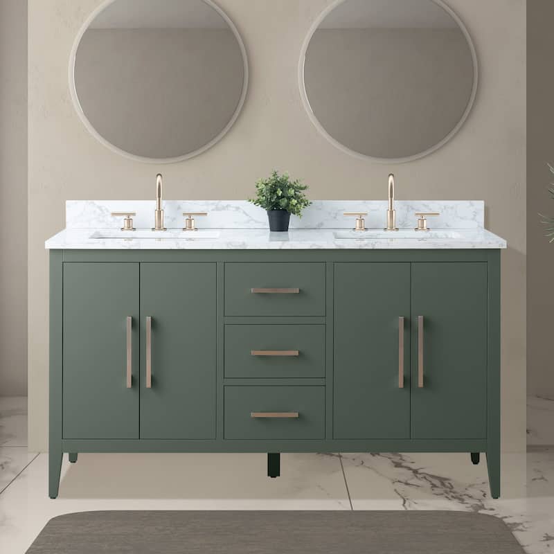 Vanity Art 60" Double Sink Bathroom Vanity Cabinet with Engineered Marble Top - 60"/Brushed Nickel Handle - Vintage Green