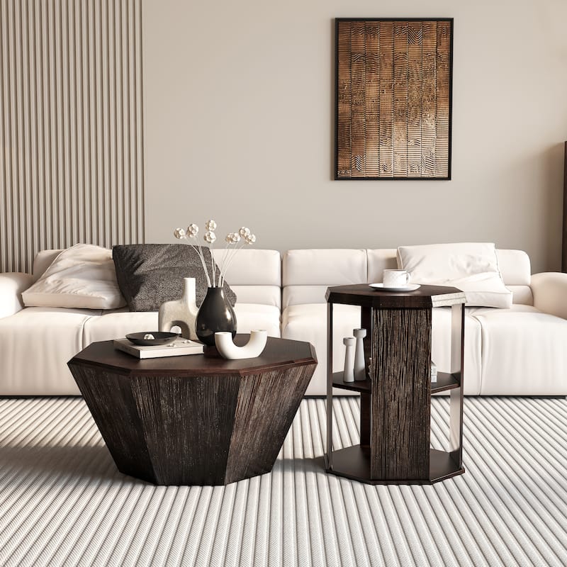 31.5" Octagonal Rubber wood Coffee Tables (Set of 2 Pieces)