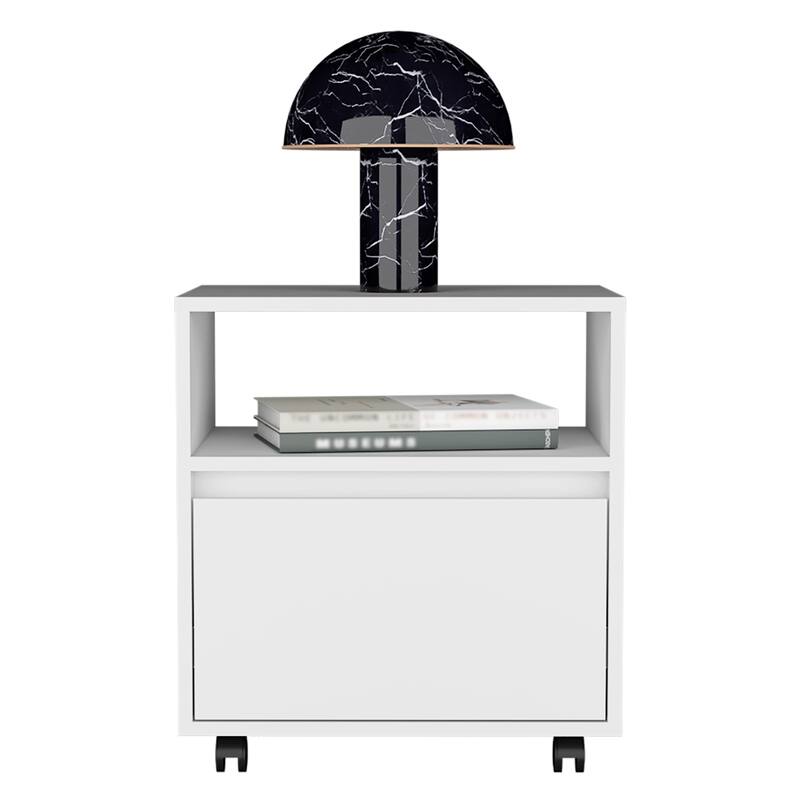 Mobile Nightstand with Casters, One Drawer, Open Shelf, Black Finish, 20.5" Tall