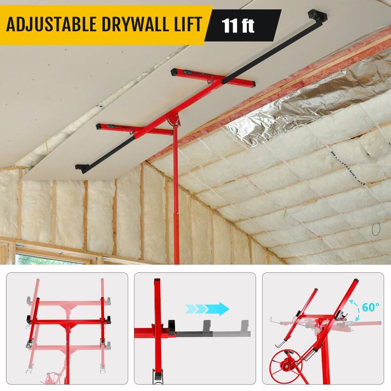 Drywall Lift 11FT, 150lb Capacity Heavy Duty Sheetrock Hoist w/Telescopic Arm & Locking Wheels, Steel Panel Lifter
