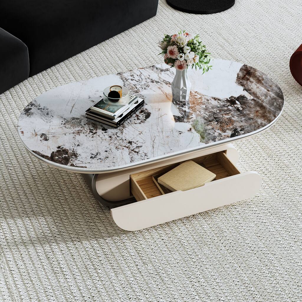 55 Inches Modern Oval Faux Marble Coffee Table with Storage - 54'9" x 31'3"