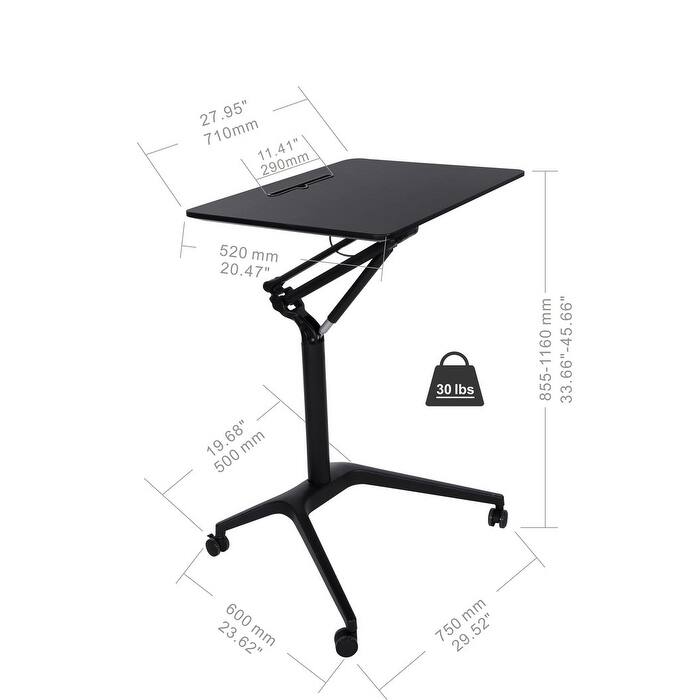 ApexDesk Mobile Pneumatic Laptop Rolling Desk 28” Wide Desktop 33.5” to 45.5” Height Adjustable