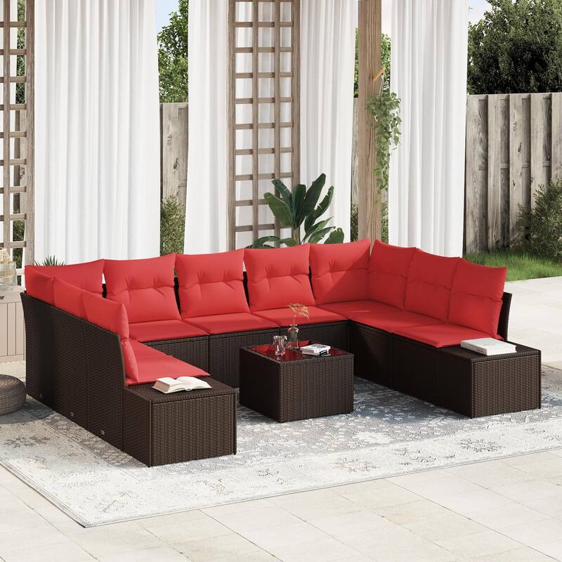 vidaXL 10 Piece Garden Sofa Set with Cushions - 113.8×82.3×27.2 - Brown-with table