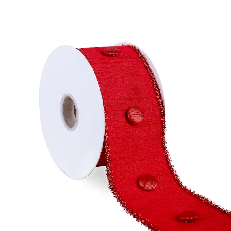 HGTV Home Collection Metallic Buttons Double Fused Dupioni Ribbon, Red, 3 in - 3 in