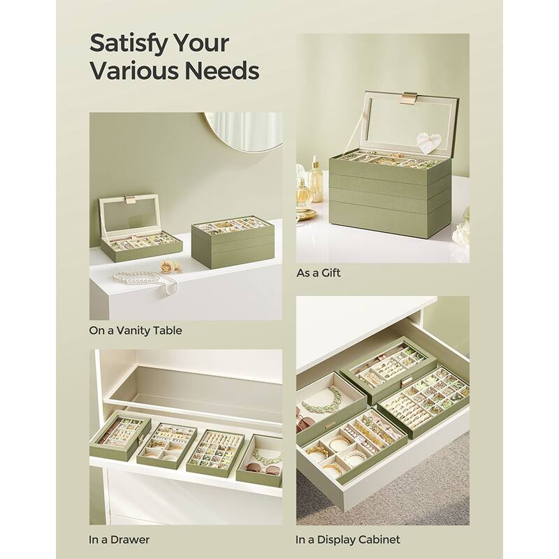 Multi-Layer Jewelry Storage Box with Stackable Trays and Soft Velvet Interior Protection and Glass Lid