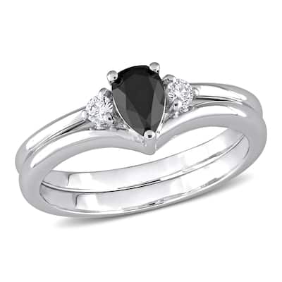Miadora 3/5ct TDW Pear & Round-Cut Black & White Diamond 3-Stone Bridal Ring Set in 10k White Gold