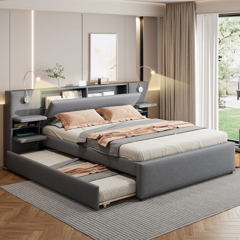 Linen Upholstered Platform Bed, Wingback Storage Headboard with 2 Reading Lights, Wood Panel Bed Frame w/Drawers & Trundle Bed