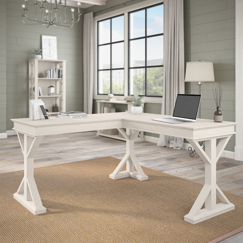 Homestead 60W Farmhouse L Shaped Desk by Bush Furniture - Linen White Oak