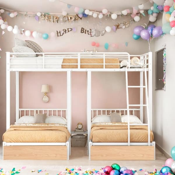 slide 2 of 24, Multifunctional Design Full Over Twin & Twin Bunk Bed, Metal Triple Bunk Bed White