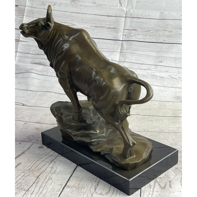 Upward Facing Imitative Bull Bronze Sculpture Statue Marble Base Original Art 12 Inches X 16 Inches