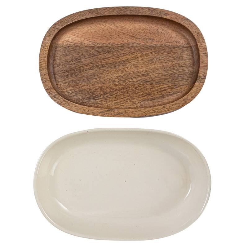 Stoneware Serving Dish with Mango Wood Base