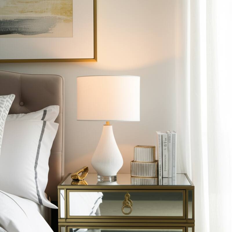 Stoneware Porcelain Table Lamp Ribbed Base Fabric Shade - 24" White - 15" x 15" x 24"