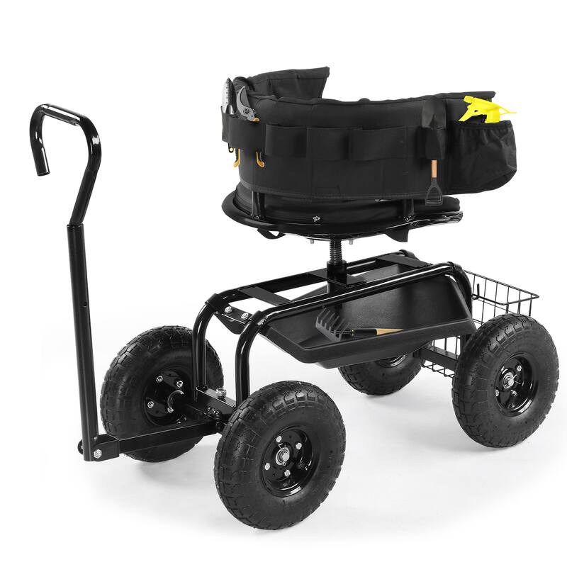 Rolling Garden Cart with Cushioned 360° Swivel Seat, Extendable Handle, Inflatable Wheels - 35" x 29.1" x 23.6"