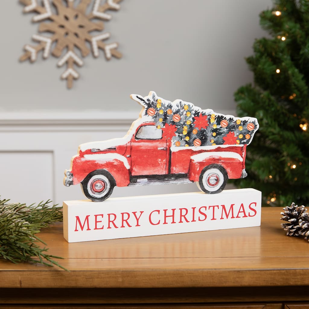 Pickup Truck Merry Christmas Wooden Decoration - 9"