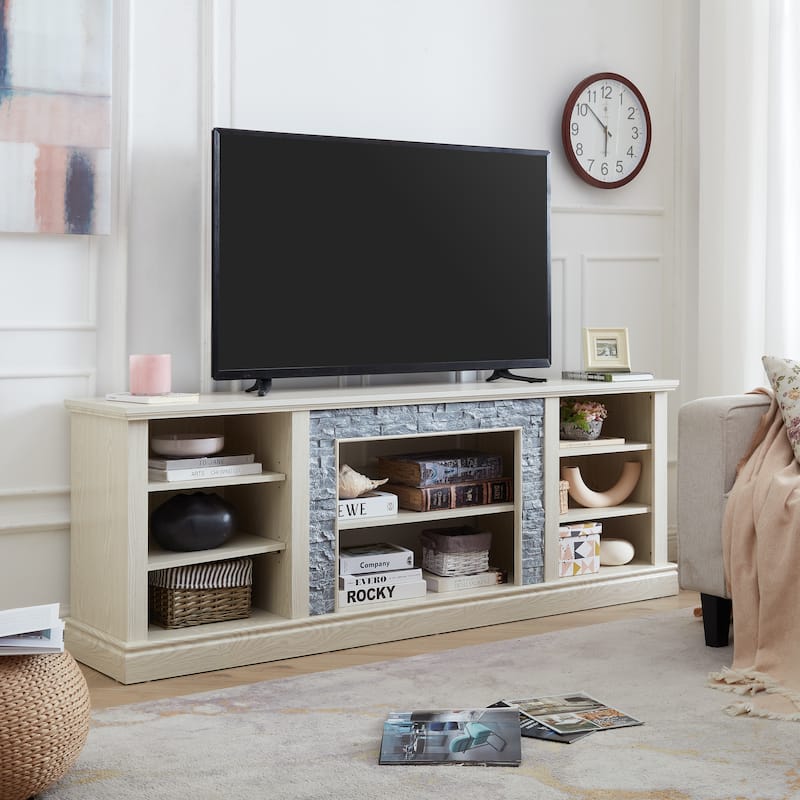 Large Storage TV Stand for TVs up to 75'' with Faux Stacked Stone, Adjustable Shelves and Cable Management