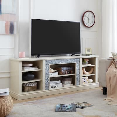 TV Media Stand with Faux Stacked Stone, Console Table with Large Storage Cabinet, Media Entertaionment Stand with Shelves