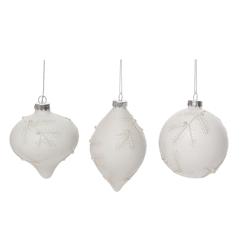 Transpac Glass 4.5 in. White Christmas Pine Needle Ornament Set of 3