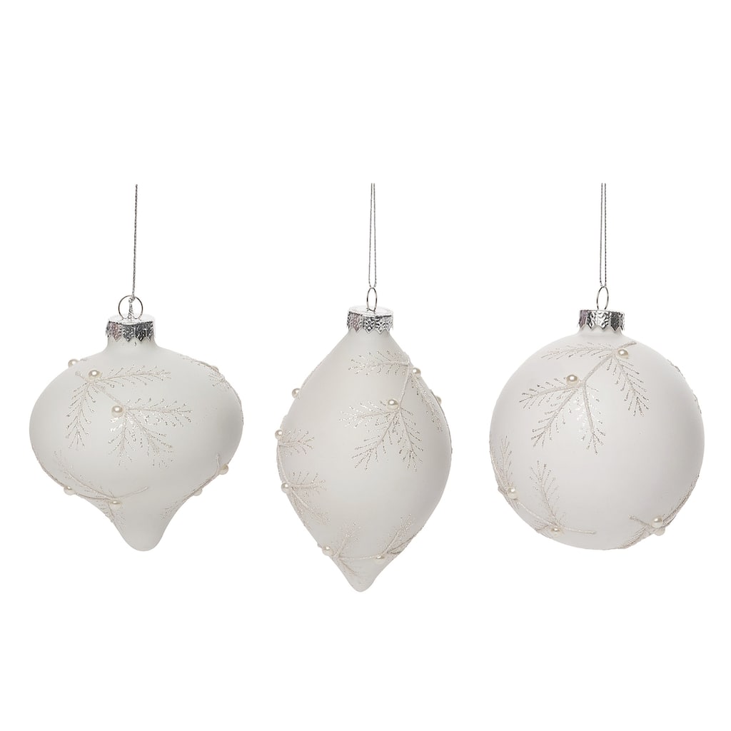 Transpac Glass 4.5 in. White Christmas Pine Needle Ornament Set of 3