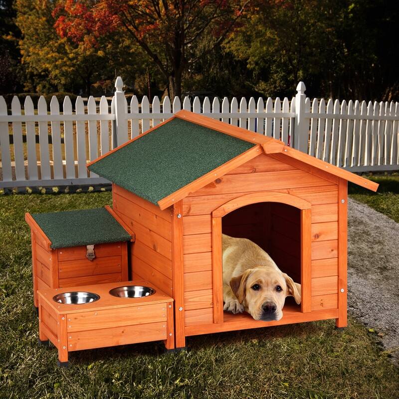 Wood Dog/Cat House With Asphalt Roof Food Bowl