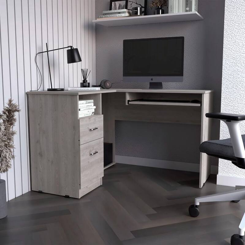 Modern L-Shaped Desk with Keyboard Tray, Two Drawers, and Open Shelf for Corner or Wall Placement - Grey