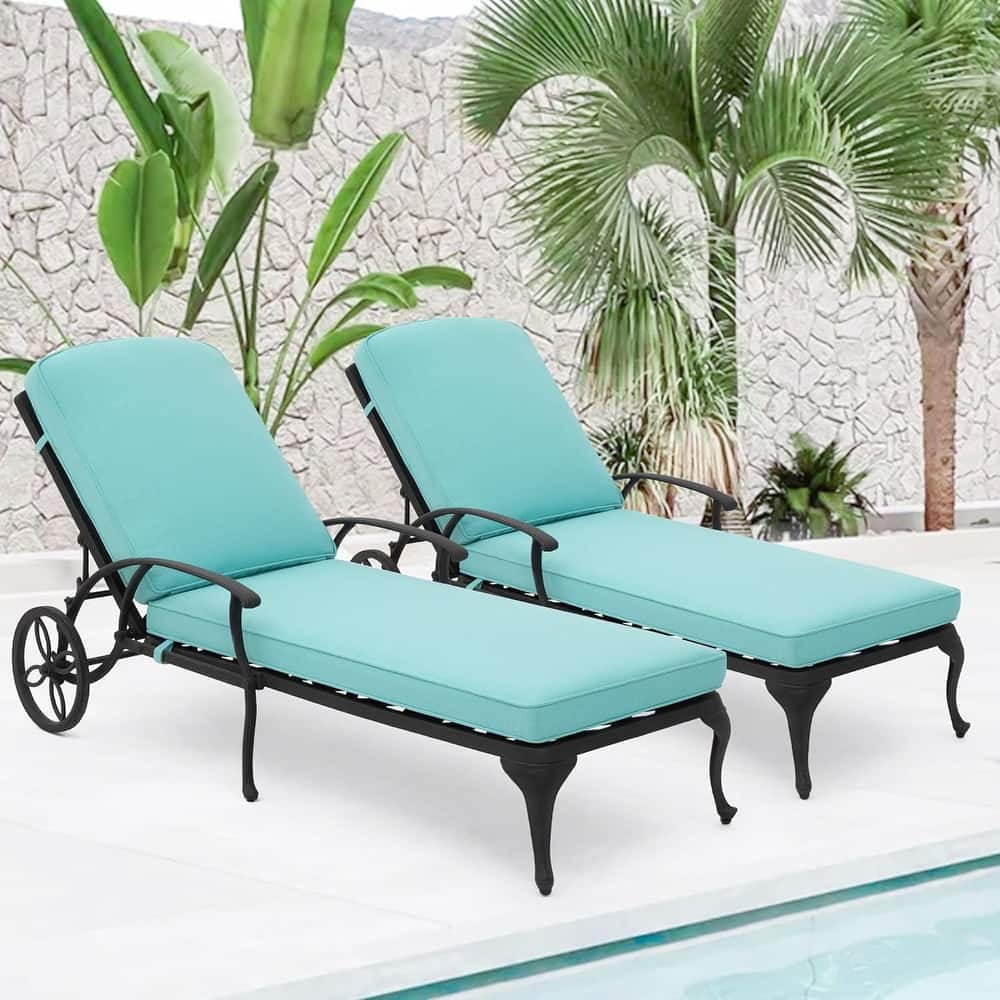Aluminum Reclining Outdoor Chaise Lounge with Wheels and Cushions (Set Of 2)