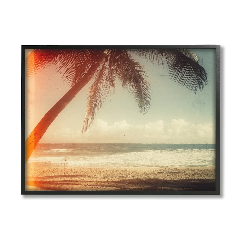 Stupell Vintage Sun Bleached Ocean Scene Hanging Palm Tree Framed Wall Art