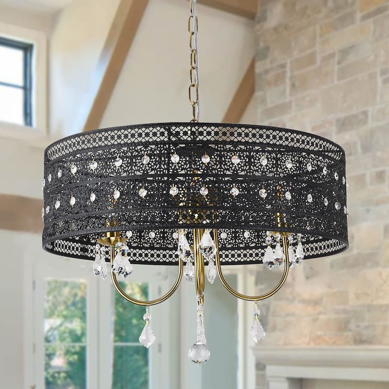 4-Light Elegant Black Lace - Trimmed Crystal Chandelier with Gold - Tone Hardware for Home Decoration - Matte Black