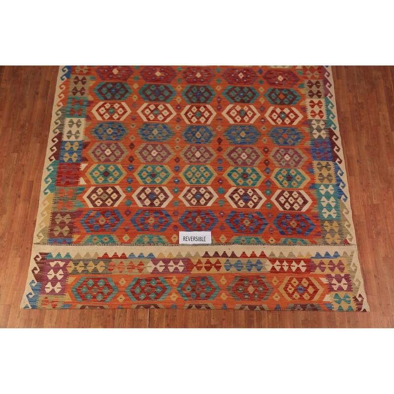 Orange Kilim Reversible Area Rug Hand-Woven Tribal Wool Carpet - 8'4"x 11'2"
