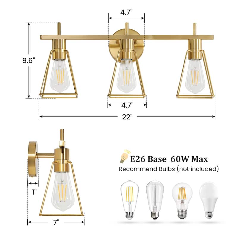 Dimmable Bathroom Vanity Light Over Mirror Wall Sconce for Bathroom - 3-Light