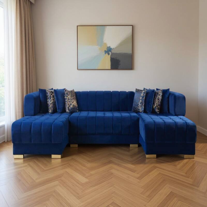 HomeRoots Blue Velvet U Shaped Three Piece Sofa and Chaise Sectional With Toss Pillows - Symmetrical