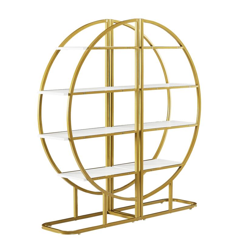 Roomfitters 4-Tier Round Bookshelf for Home Office, Open Shelf with Gold Frame and MDF Board, Multiple Placements, Golden+White