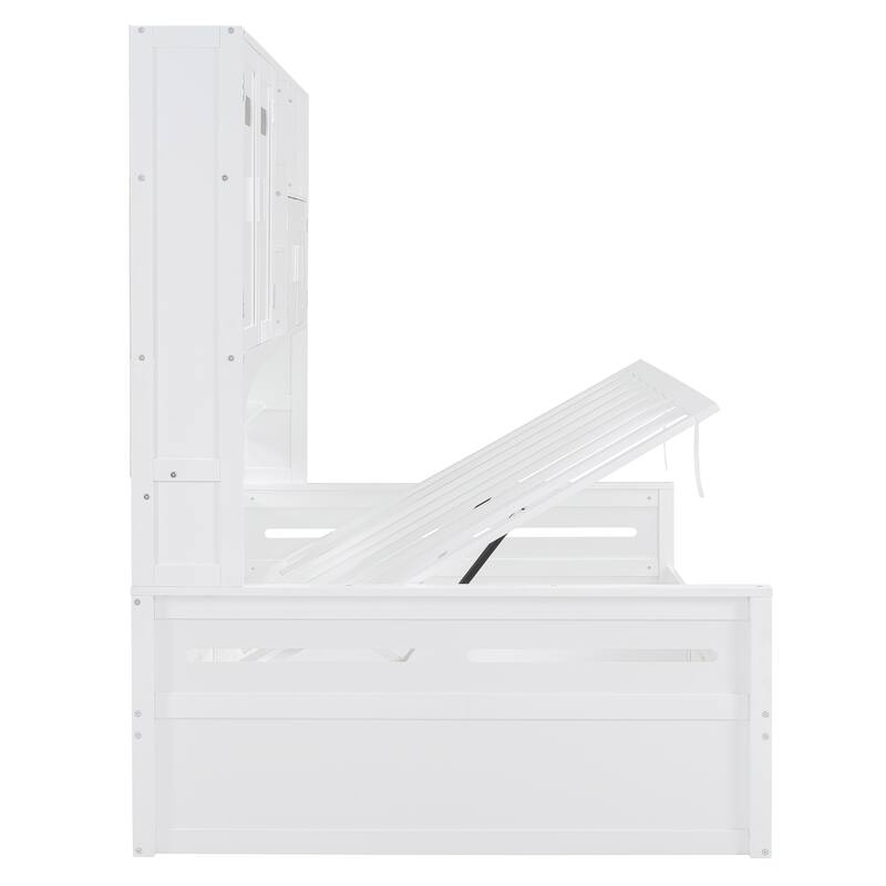 Full Size Bed Frame with All-in-One Bookcase, Full DayBed with Hydraulic Bed, Wood Platform Bed No Box Spring Needed