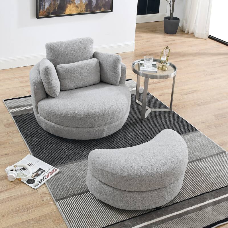 Oversized Teddy Fabric Swivel Barrel Chair with Moon Ottoman & 4 Pillows