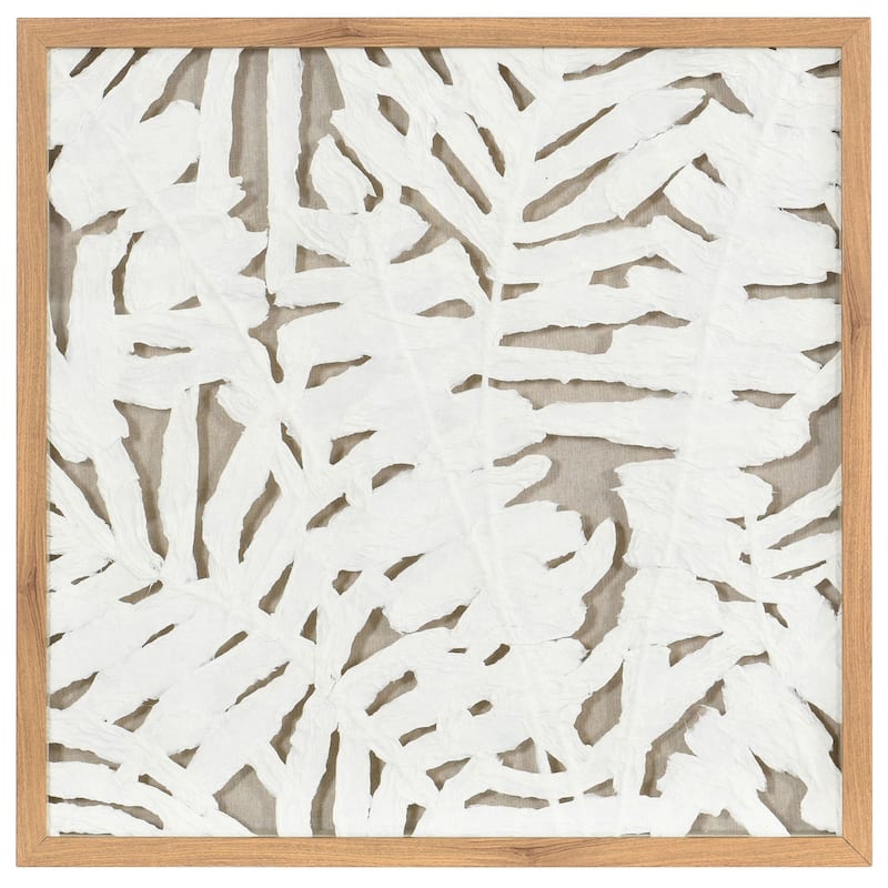 Palm Leaf Shadow Box II - Textured Rice Paper Wall Art - Natural Wood Frame - Off-White, Natural Wood, Beige - 24 x 24