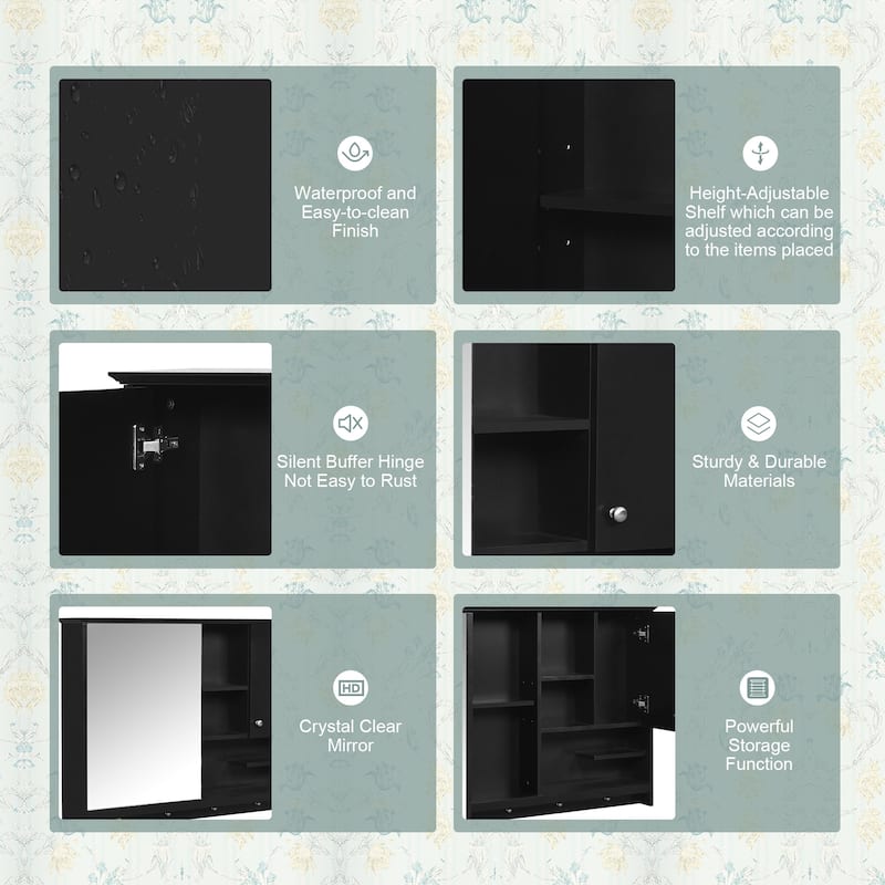 Wall Mounted Medicine Cabinet, Bathroom Storage Cabinet with High-definition Mirror Door, Open Shelves and Adjustabl Shelf