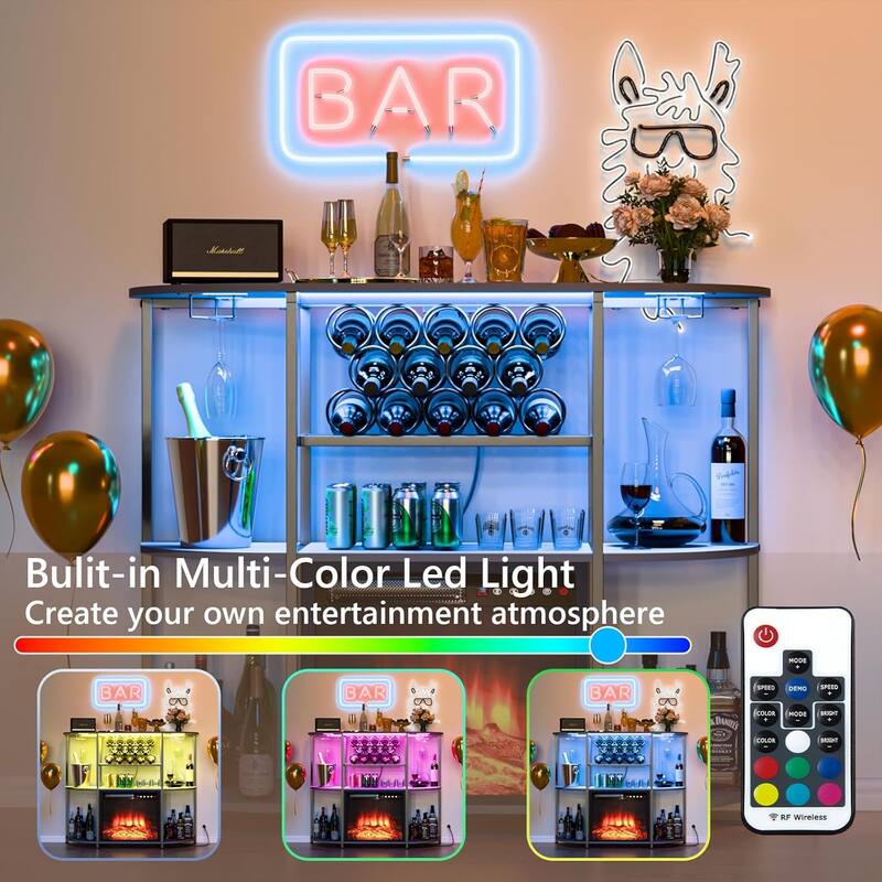 BOSSIN Wine Rack with Power Outlet and LED Lights, Home Bar Table Cabinet for Liquor with Fireplace,4-Tier Storage Glass Holder
