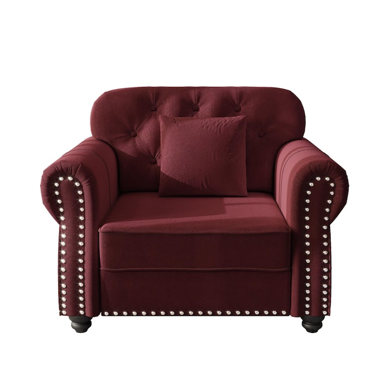 Velvet Chaise Lounge Chair with Ottoman, Mid-Century Modern Chesterfield Single Sofa Chair with Rolled Arms & Nailhead Trim