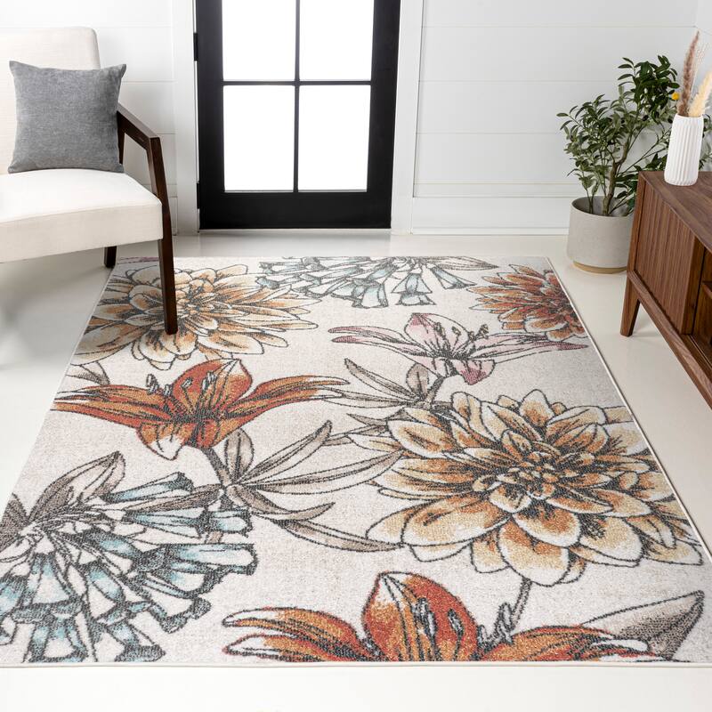 JONATHAN Y Dizi Modern Botanical Flower Area Rug - 4 X 6 - Orange/Blue/Cream