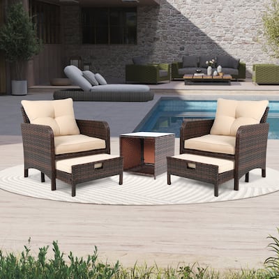 Patio Watcher 5 Piece Outdoor Seating Group with Cushions Brown Wicker Patio Conversation Set with Ottoman