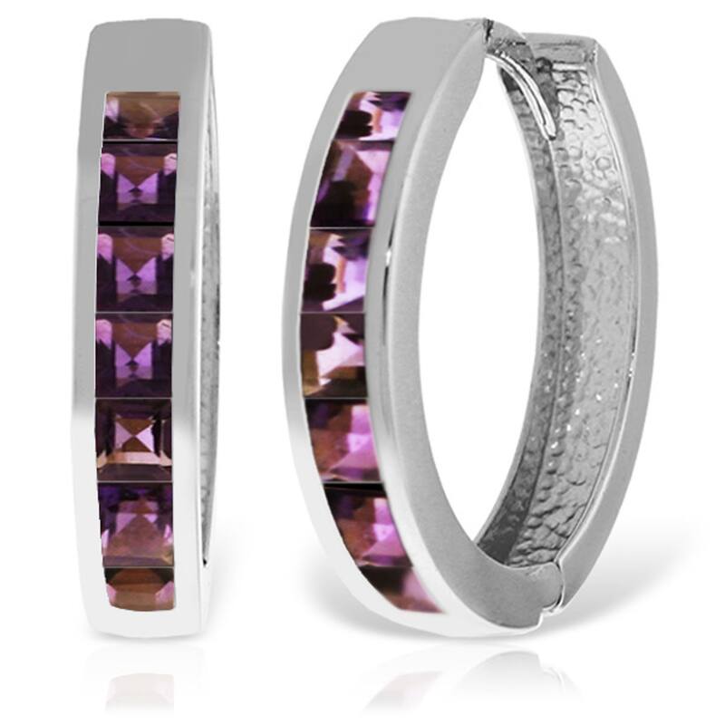 14K Solid Gold Hoop Huggie Gemstone Earrings w/ Natural Amethysts - White
