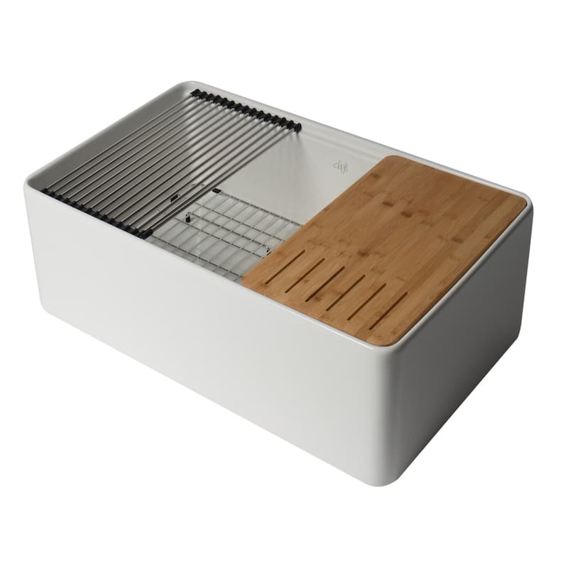 ALFI Brand White Smooth Apron Workstation 30" x 20" Single Bowl Step Rim Fireclay Farm Sink with Accessories
