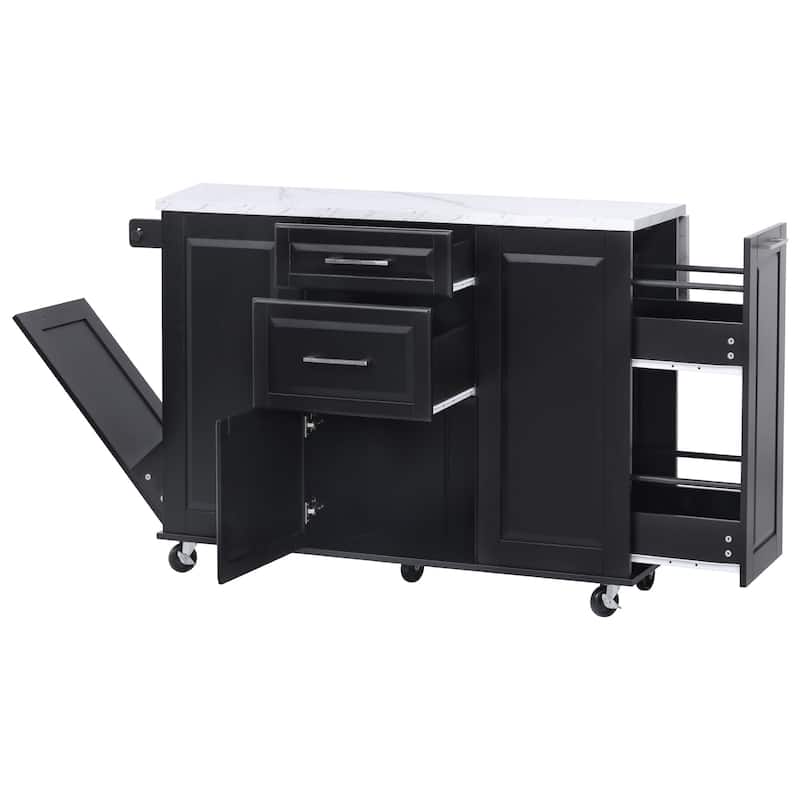 Marble Wood Top Dining Table, Rolling Kitchen Island withTilt Trash Can, Kitchen Cabinet with Drop Leaf Counter
